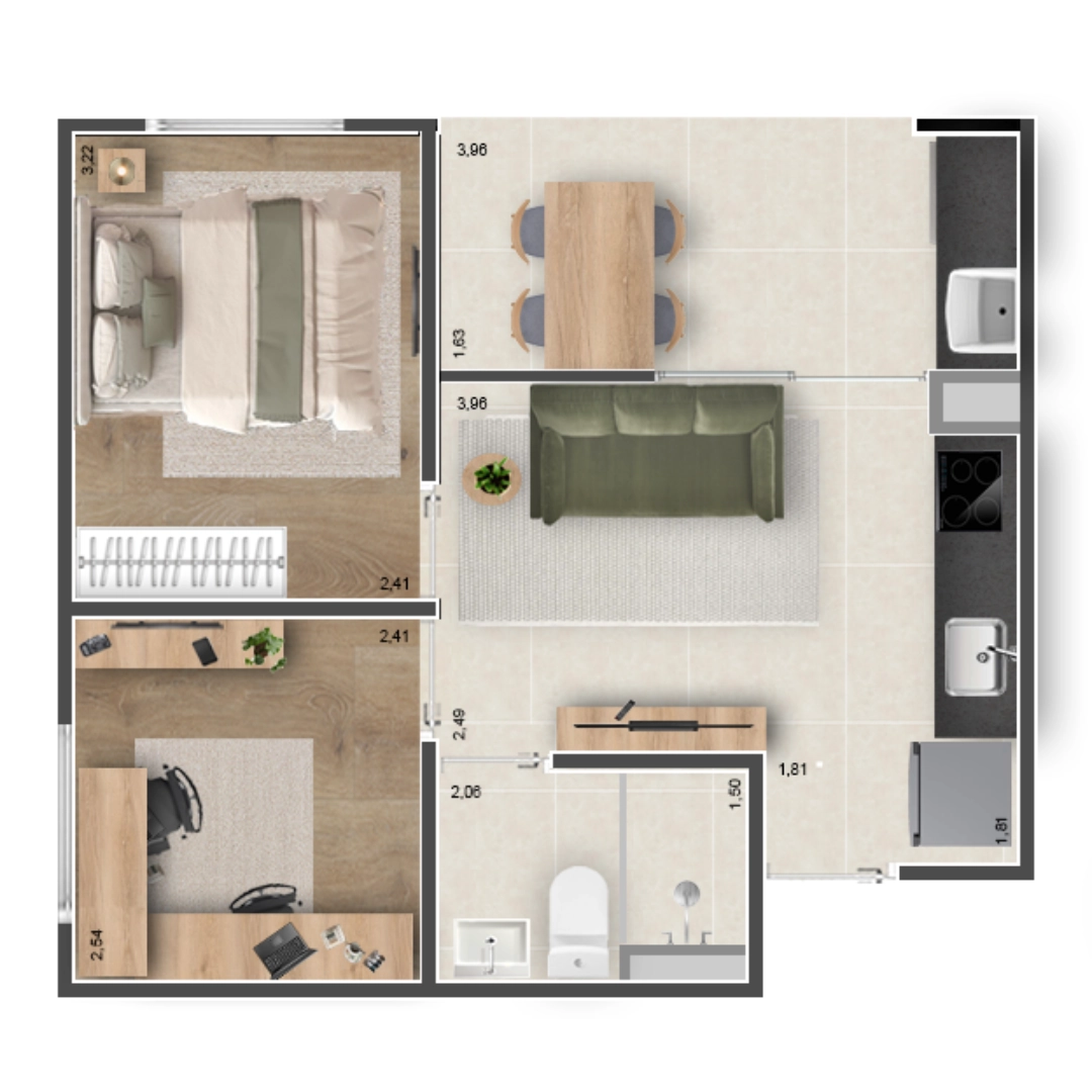 TIPO - A - 38M² - 2 DORMS - COM VARANDA